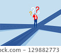 confusing businessman looking at multiple road with question mark and thinking which way to go. irection, choosing options or multiple path, make decision for career path 129882773