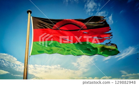 一面破舊、破爛的馬拉威國旗。 129882948