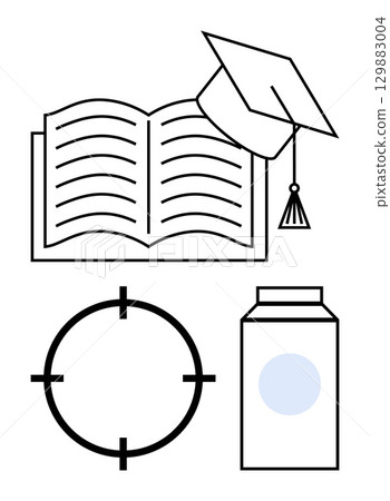 Open book with graduation cap, target icon, and carton box. Ideal for education, academic achievement, goal setting, precision, packaging study and organization concepts. Line metaphor 129883004