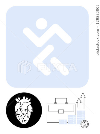 Person running above a heart diagram, business briefcase, rising arrows, coin, and bar charts. Ideal for fitness, health, business growth, financial success career development professional 129883005