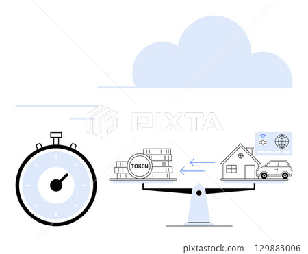 Stopwatch tokens scale with house and car depict time management wealth balance. Ideal for finance, real estate, investment, time management, assets, economy, technology. Line metaphor 129883006