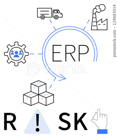 ERP, factory, truck, gear with people, inventory blocks, hand clicking risk warning. Ideal for business operations, logistics, manufacturing human resources risk management inventory and supply 129883014
