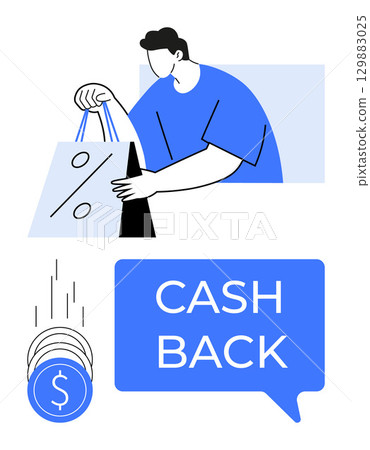 Person holding shopping bags, discount percentage sign, coins falling, Cash Back in speech bubble. Ideal for e-commerce, sales promotions, customer incentives, retail offers, loyalty programs Person holding shopping bags, discount percentage sign, coins falling, Cash Back in speech bubble. Ideal for e-commerce, sales promotions, customer incentives, retail offers, loyalty programs 129883025