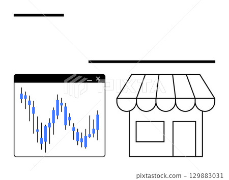 Stock market chart displayed beside a storefront. Ideal for finance, economics, small business, investment, online trading, market analysis, and entrepreneurship. Line metaphor 129883031