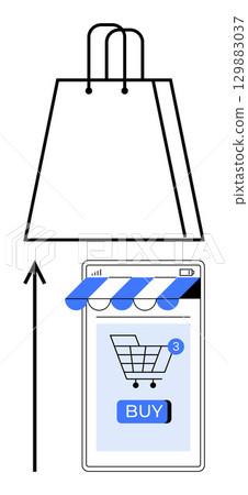 Shopping bag above smartphone screen with online cart. Ideal for e-commerce, digital buying, mobile apps, online shopping, technology growth, consumer behavior, retail evolution. Line metaphor 129883037
