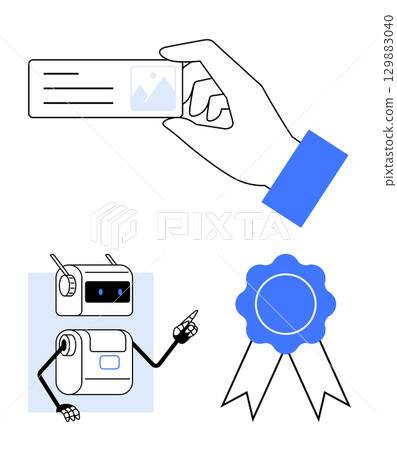 Hand holding business card robot pointing, and award ribbon emphasize networking, technology, and achievements. Ideal for business, innovation, automation, recognition, professionalism, identity Hand holding business card robot pointing, and award ribbon emphasize networking, technology, and achievements. Ideal for business, innovation, automation, recognition, professionalism, identity 129883040