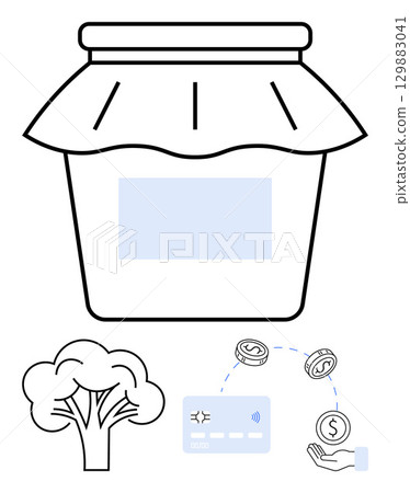 Glass jar with fabric lid and blank label, tree, credit card, hand holding coin connected by dotted line. Ideal for eco-friendly products, digital payments, financial transactions, sustainability Glass jar with fabric lid and blank label, tree, credit card, hand holding coin connected by dotted line. Ideal for eco-friendly products, digital payments, financial transactions, sustainability 129883041