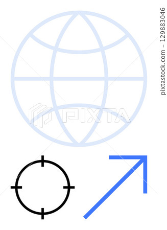 Globe grid, target icon, and upward blue arrow representing global connectivity, precision, and growth. Ideal for business strategy, global outreach, technology, digital marketing goal setting Globe grid, target icon, and upward blue arrow representing global connectivity, precision, and growth. Ideal for business strategy, global outreach, technology, digital marketing goal setting 129883046
