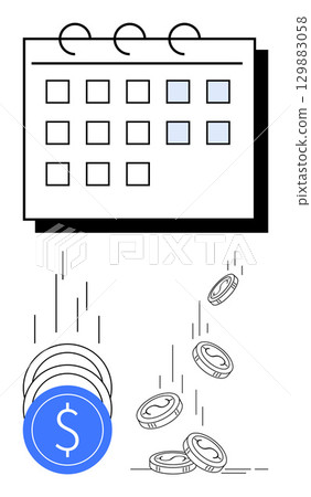 Calendar with marked dates, coins dropping, indicating financial planning, budget management, recurring expenses. Ideal for finance, savings, investments, accounting business planning personal 129883058