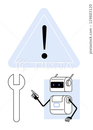 Warning sign robot with finger point, and wrench tool. Ideal for alerts, cybersecurity, AI, innovation, robotics, repairs, and support. Line metaphor 129883120