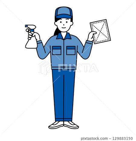 A cleaning woman holding a spray detergent and a rag (full body) 129883150