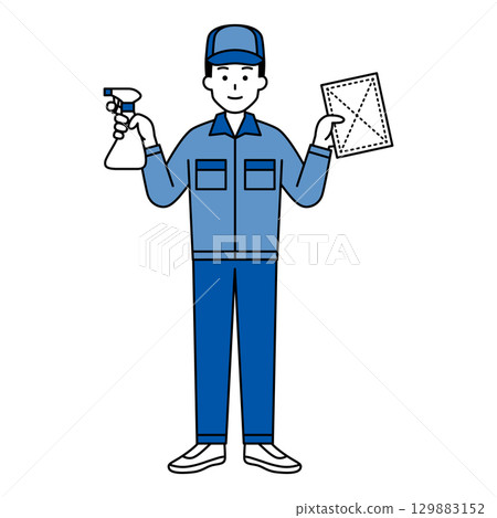 一名清潔工拿著噴霧清潔劑和一塊抹布(全身) 一名清潔工拿著噴霧清潔劑和一塊抹布(全身) 129883152
