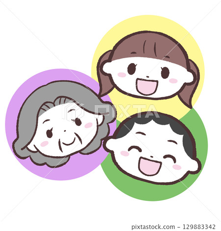 Illustration of a smiling senior woman and children 129883342