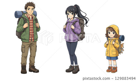 Family lifestyle. Family travel time. Happy family go to Camping. Cartoon illustration design. 129883494