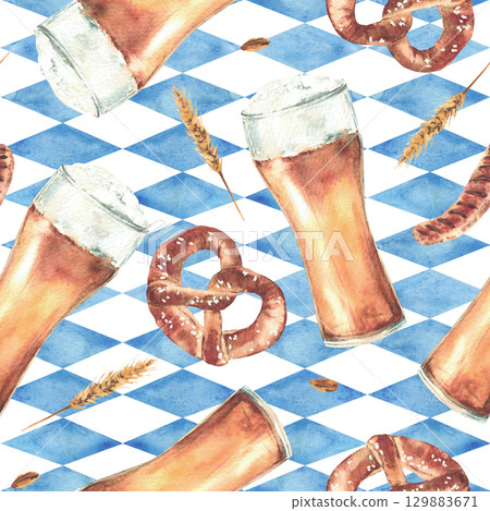 Pretzel with glass of beer, sausage, spike of malt on blue rhombus Bavarian flags background seamless pattern. Oktoberfest food, drink. Watercolor painted isolated illustration for packaging, napkins Pretzel with glass of beer, sausage, spike of malt on blue rhombus Bavarian flags background seamless pattern. Oktoberfest food, drink. Watercolor painted isolated illustration for packaging, napkins 129883671