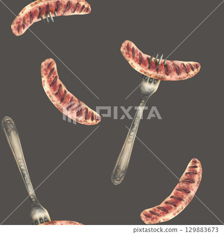 Sausage on fork seamless pattern. Hand painted watercolor food snack illustration for restaurant, Oktoberfest menu, eat packaging, labelling German traditional grilled meat on isolated dark background Sausage on fork seamless pattern. Hand painted watercolor food snack illustration for restaurant, Oktoberfest menu, eat packaging, labelling German traditional grilled meat on isolated dark background 129883673