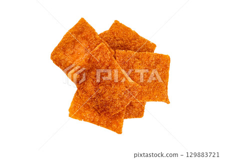 Top view of sweet crispy pork slides isolated on white background. 129883721