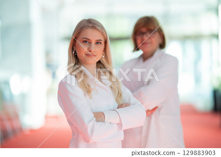 Portrait Confident young doctor with senior colleague in hospital Portrait Confident young doctor with senior colleague in hospital 129883903
