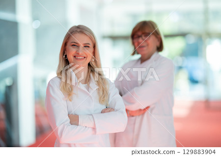 Portrait Confident young doctor with senior colleague in hospital Portrait Confident young doctor with senior colleague in hospital 129883904