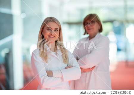Portrait Confident young doctor with senior colleague in hospital Portrait Confident young doctor with senior colleague in hospital 129883908