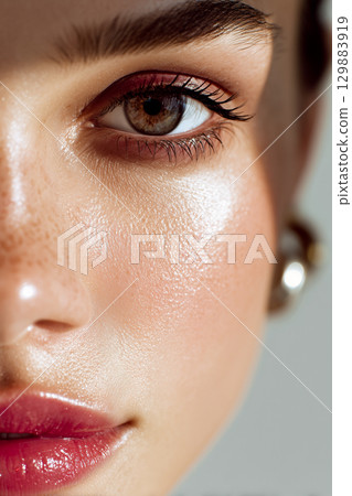 A woman with brown eyes and dark eyebrows is shown with a light pink lip color 129883919