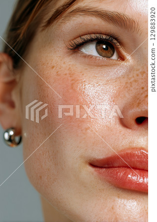 A woman with a red face and brown eyes 129883920