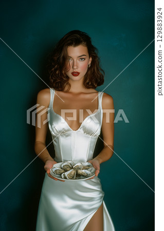 A woman is holding a plate of oysters in her hand 129883924