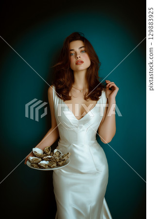 A woman in a white dress holding a plate of oysters 129883925