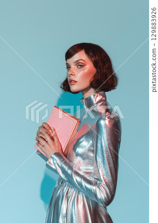 A woman in a silver dress holding a pink notebook 129883926