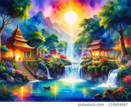 流雲和夕陽映照下的夢幻水彩瀑布 129884067