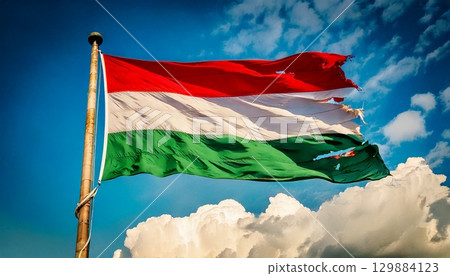 一面破舊不堪的匈牙利國旗。 129884123