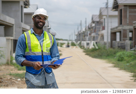 A construction worker in a safety vest and helmet is examining blueprint at a residential building site. Newly built structure surround him, showcasing ongoing construction work. 129884177
