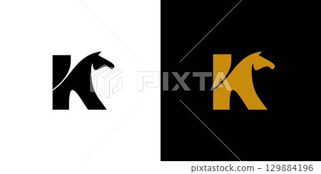 Unique and modern King Horse logo design with initial letter K 129884196
