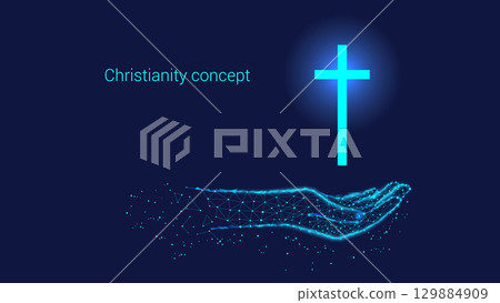 Christianity, christmas or easter concept. Bright cross in polygonal hand on dark blue background. 129884909