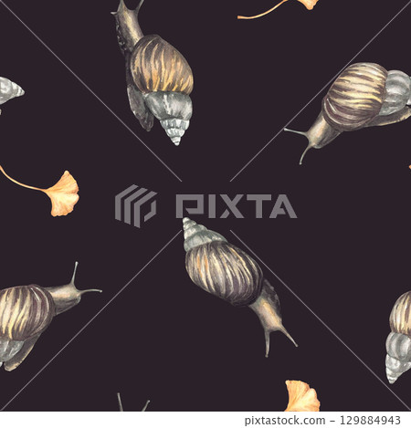 Snail with ginkgo leaf seamless pattern. Watercolor Slug repeating design hand painted botanical animals illustration. Cochlea with yellow gingko leaves. Clipart on Isolated dark background for fabric 129884943