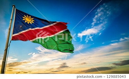 An old, torn and decayed Namibian flag. 129885043