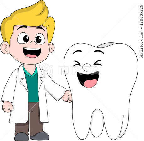 Cartoon Dentist with Happy Healthy Tooth Character 129885229