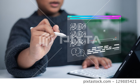 Modern education and online communication. Person using a digital pen with a tablet, interacting with a futuristic interface featuring video player and chat bubbles. Modern education and online communication. Person using a digital pen with a tablet, interacting with a futuristic interface featuring video player and chat bubbles. 129885421