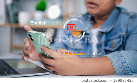 Language translation technology concept. Person using AI assistant on smartphone for real time multilingual translation. Modern technology, communication, and artificial intelligence concept. 129885423