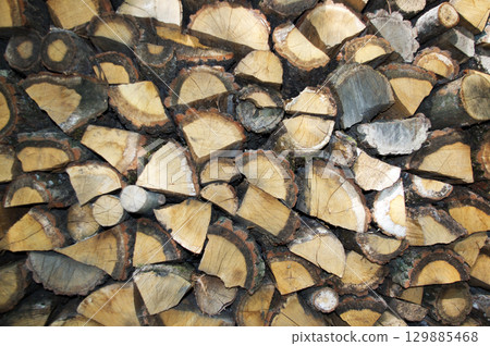 Chopped and cut firewood stacked in rows 129885468