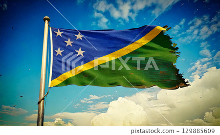 所羅門群島一面破舊不堪的國旗。 129885609