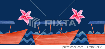 Simple red-brown fishing boat with a canopy on blue waves background. Hand-painted watercolor. Great for travel design, kids books, summer branding, packaging, textile prints, marine-themed Simple red-brown fishing boat with a canopy on blue waves background. Hand-painted watercolor. Great for travel design, kids books, summer branding, packaging, textile prints, marine-themed 129885935