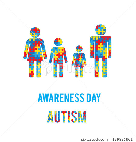 Autism awareness day. Family, mom, dad, children. Puzzle Pieces. White background. Autism awareness day. Family, mom, dad, children. Puzzle Pieces. White background. 129885961