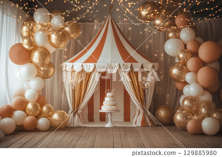 A large tent with a cake inside and a lot of balloons surrounding it 129885980