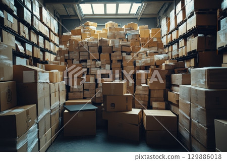A warehouse full of boxes stacked on top of each other 129886018