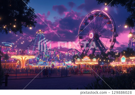 A carnival with a Ferris wheel and many rides A carnival with a Ferris wheel and many rides 129886028