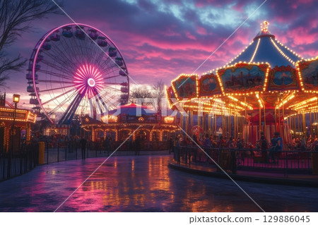 A carnival with a Ferris wheel and carousel 129886045