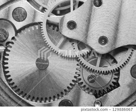 Gears and cogs in clockwork. Macro. Black and white Gears and cogs in clockwork. Macro. Black and white 129886067