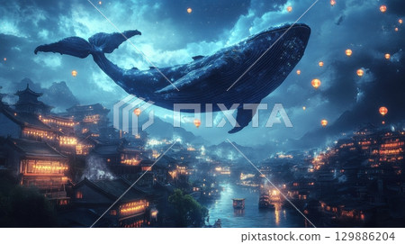 A whale is flying over a city with many buildings and boats 129886204