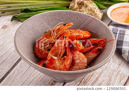 Delicous boiled tiger prawn with sauce Delicous boiled tiger prawn with sauce 129886501